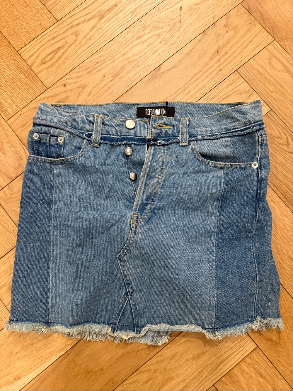 Reformation Light Blue Patchwork Denim Mini Skirt